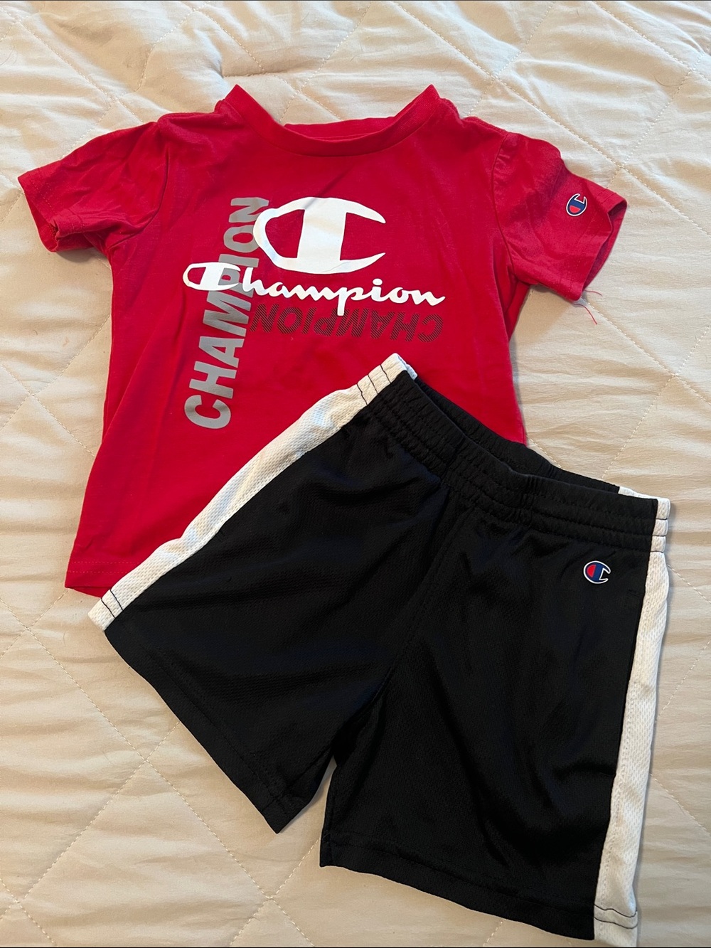 Champion Red Logo T-Shirt with Black Athletic Shorts
